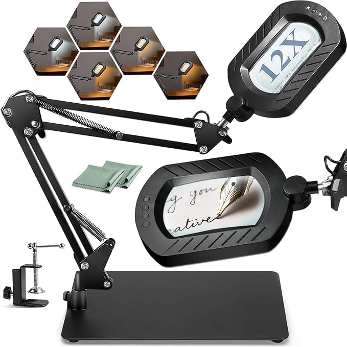 12X Magnifying Glass with Light and Stand, 144 LED Lighted Magnifying Light