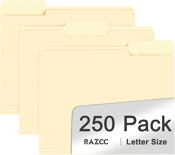 File Folder, RAZCC 250 Pack 1/3 Cut Tab File Folders Letter Size, Manila Folders by RAZCC