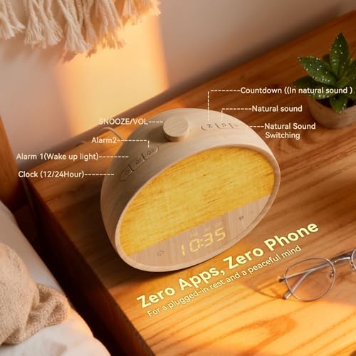 vivilumens sunrise alarm clock for bedroom, white noise, front angle view