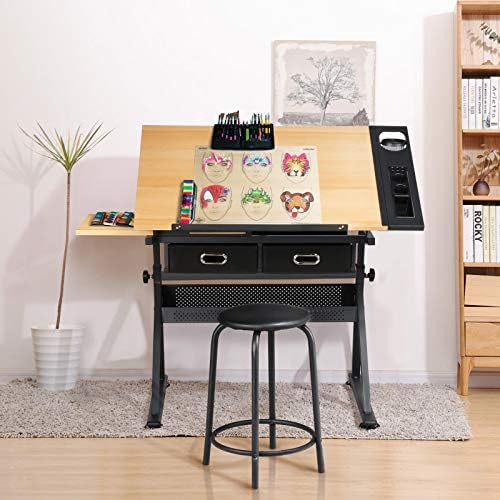 yaheetech adjustable drafting table art desk, storage drawers showing dimensions
