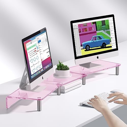 Pink Acrylic Dual Monitor Stand Riser，Adjustable Length Angle for 2Monitors
