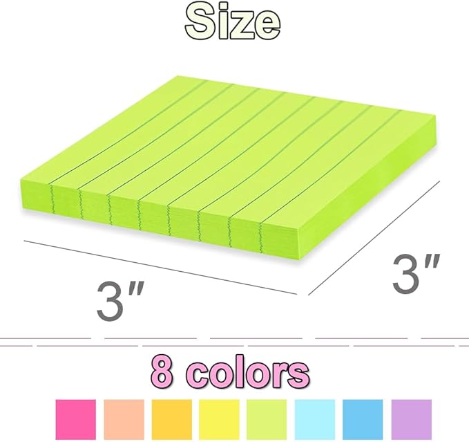 Lined Sticky Notes 3x3 in Ruled Stickies Super Sticking Power Memo Pads Bright - Image 3
