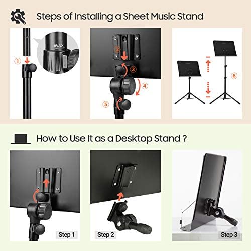 CAHAYA Sheet Music Stand Dual-use Convert to Desktop Stand Adjustable Black