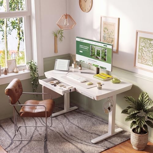 INNOVAR 40" Small Glass Standing Desk with Drawers & USB Ports, Whole-Piece Glass Top Adjustable Height Desks, Quick-Install Electric Sit-Stand Up Desk for Home Office & Computer Workstation, White