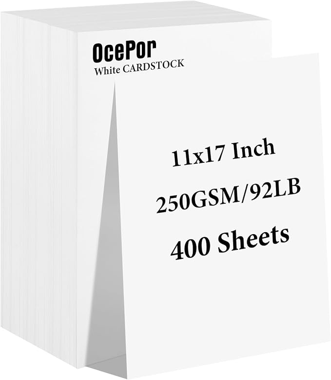 OcePor 400 Sheets White Cardstock 11” x 17”, 92lb/250gsm Card Stock, Thick Card by OcePor