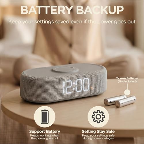fabric digital alarm clock for bedroom, wireless charging on a desk or shelf