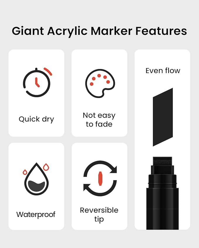 BIGTHUMB Black Poster Markers Jumbo: 5 Pcs 15mm Wide Tip Thick Acrylic Paint - Image 4