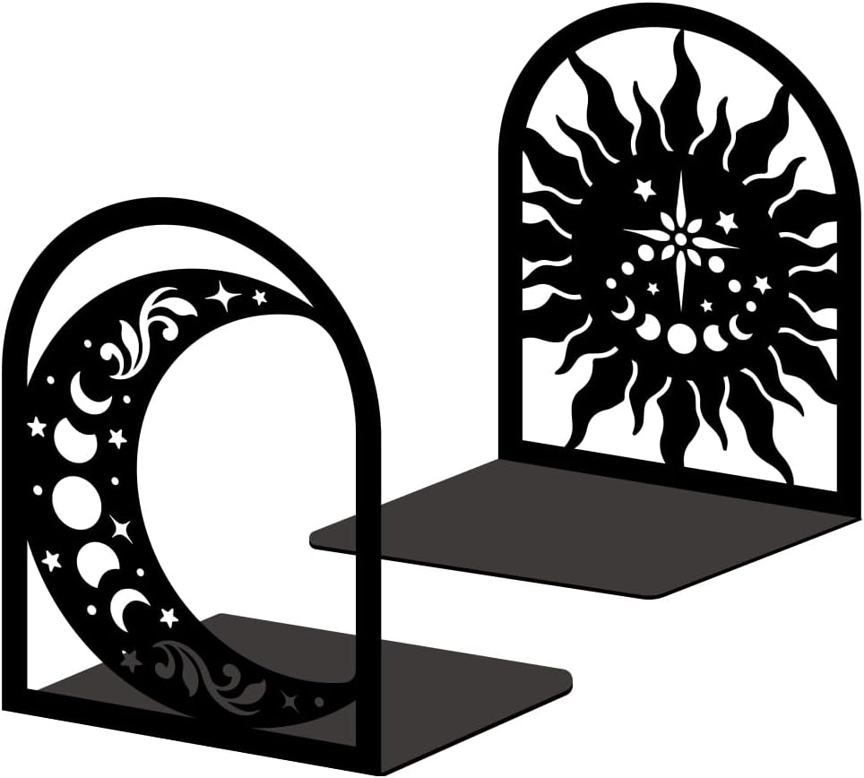 Sun Moon Metal Bookends for Shelves, High-end and Classy Book Ends for Bookshelf Decorative Books, Book Ends for Heavy Books Used for Home Office Desk Organizer and Library Decor
