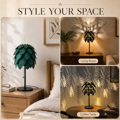DIY Wood Monstera Table Lamp for Bedroom, Dimmable Lamp with Pull Chain