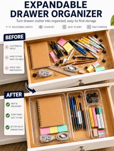 30 PCS Adjustable Expandable Clear Plastic Drawer Organizers