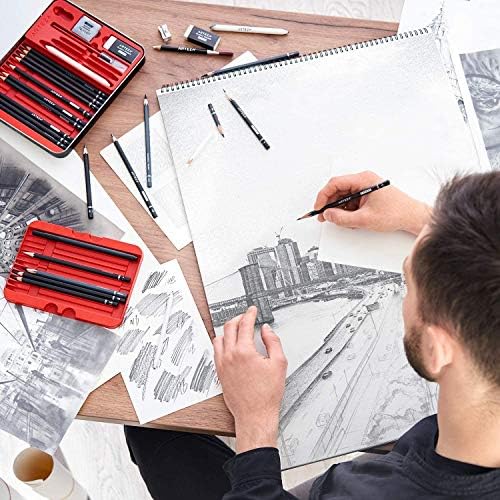 arteza 33-piece drawing pencil set, graphite and charcoal showing dimensions