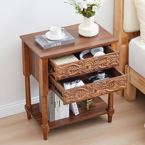 Nightstand, Farmhouse Bedside Table with 2 Drawers and Open Shelf