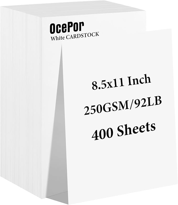 OcePor 400 Sheets White Cardstock 8.5” x 11”, 92lb/250gsm Card Stock, Thick by OcePor