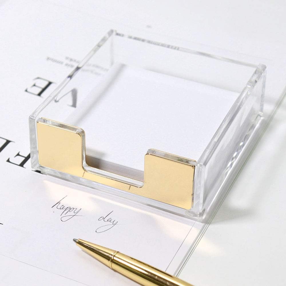 Buqoo Acrylic Sticky Notes Pad Holder Gold Desk Organizer Memo Holder | Clear acrylic sticky notes holder with gold base, fits standard 3x3 memo pads and keeps your desk stylish and organized.