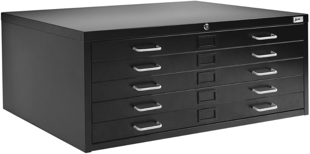 AdirOffice Flat File Cabinet - Heavy Duty 5-Drawer Blueprint Sheets Storage, 41" x 53" Great for Documents Sized 36” x 48”, Ideal for Artists, Art Files, Engineers, Architects, Offices - Black