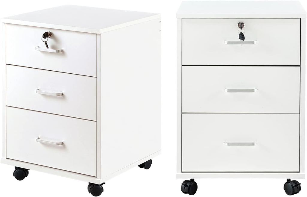 TUKAILAi Mobile File Cabinet with 3 Drawers, Lockable Storage Unit Wooden Rolling Office Filing Cabinet with Wheels, for Legal/Letter/A4 Sized Documents Home Office (White 2PCS)