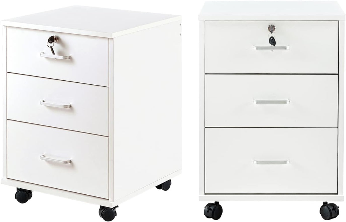 TUKAILAi Mobile File Cabinet with 3 Drawers, Lockable Storage Unit Wooden Rolling Office Filing Cabinet with Wheels, for Legal/Letter/A4 Sized Documents Home Office (White 2PCS)