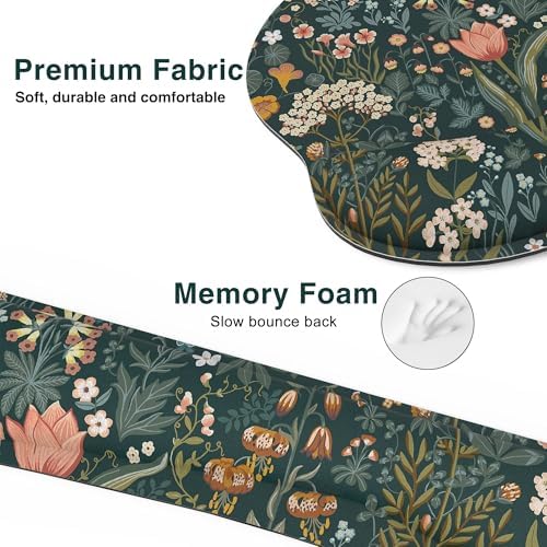 Ergonomic Mouse Pad with Wrist Rest and Keyboard Wrist Rest, Mousepad | Memory Foam Wrist Rest for Computer Keyboard, Pain Relief, Non-Slip Base, Mouse Pad Wrist Support for Gaming, Green Flowers