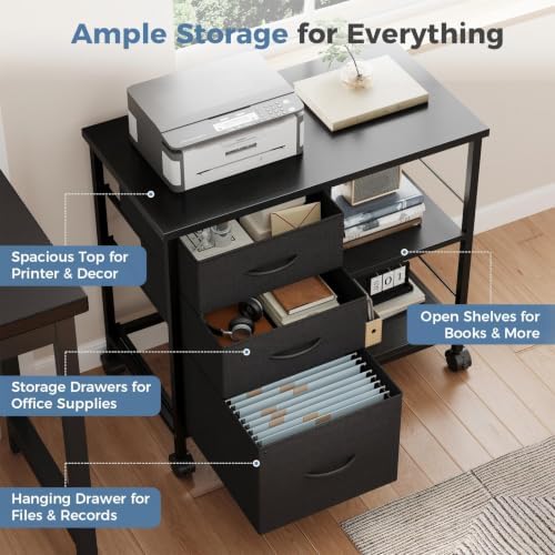 dumos 3 drawer mobile file cabinet, space saving, side view