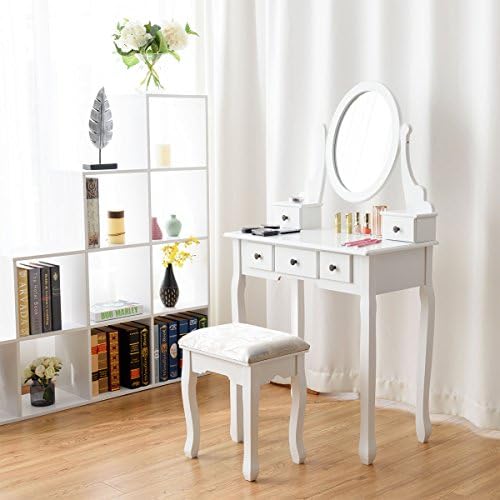 GIANTEX Girl Vanity Set with 5 Drawers, Makeup Dressing Table with Cushioned ...