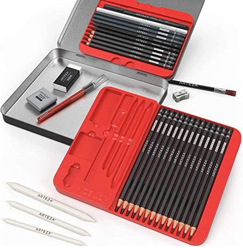 arteza 33-piece drawing pencil set, graphite and charcoal on a desk or shelf