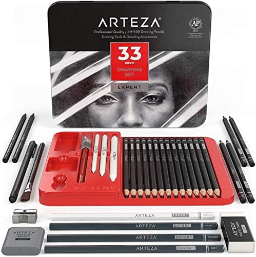 arteza 33-piece drawing pencil set, graphite and charcoal shown in use