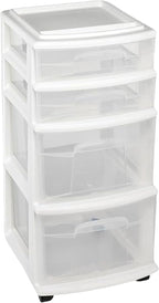 HOMZ Drawer Tower, 4-Tier Clear Plastic Storage Organizer Cart, and Classroom by Homz