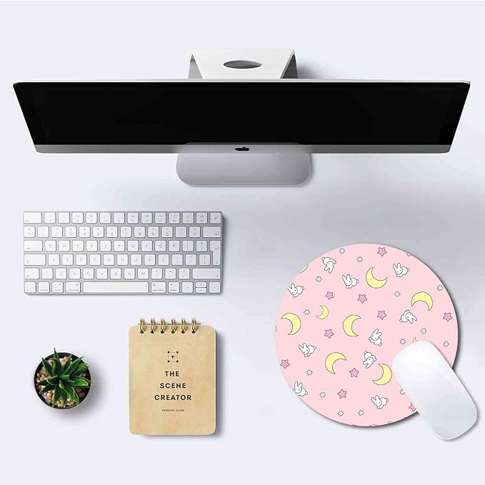IMAYONDIA Pink Kawaii Round Mouse Pad, Cute Moon Bunny Small Mouse - Image 6