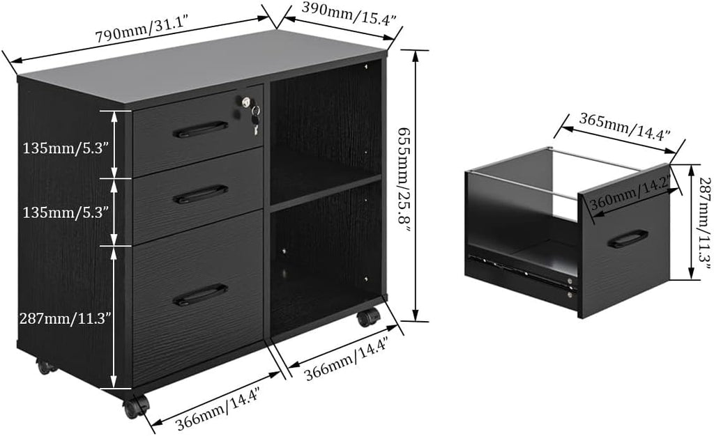 Panana 3 Drawer Office File Cabinets, Mobile Lateral Printer Stand with Open Storage Shelf, Rolling Filing Cabinet with Wheels Home Office Organization and Storage (Black)
