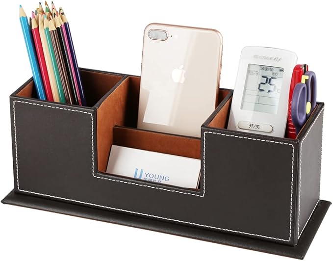 KINGFOM™ Double Holder Wood Leather Multi-Function Desk Stationery Organizer - Image 2