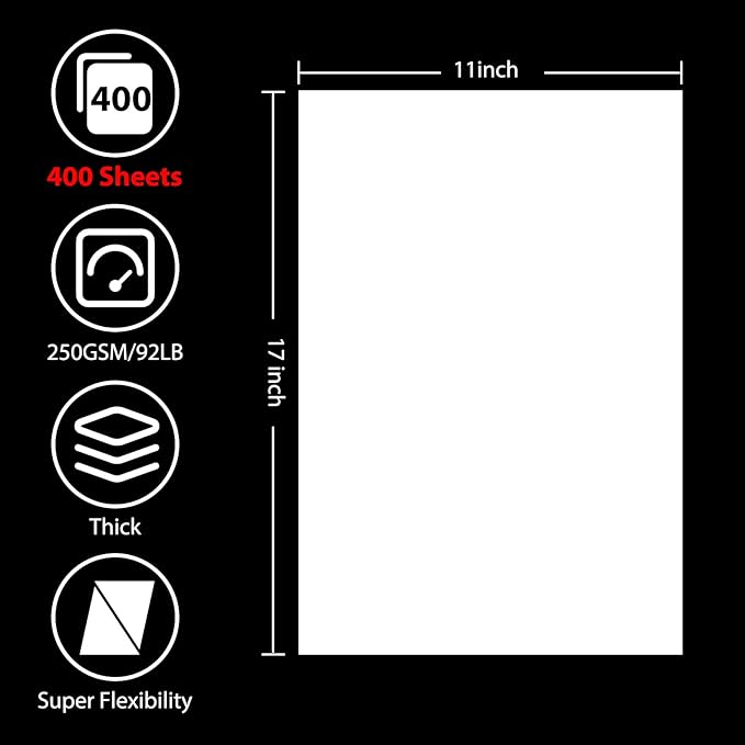 OcePor 400 Sheets White Cardstock 11” x 17”, 92lb/250gsm Card Stock, Thick Card - Image 2