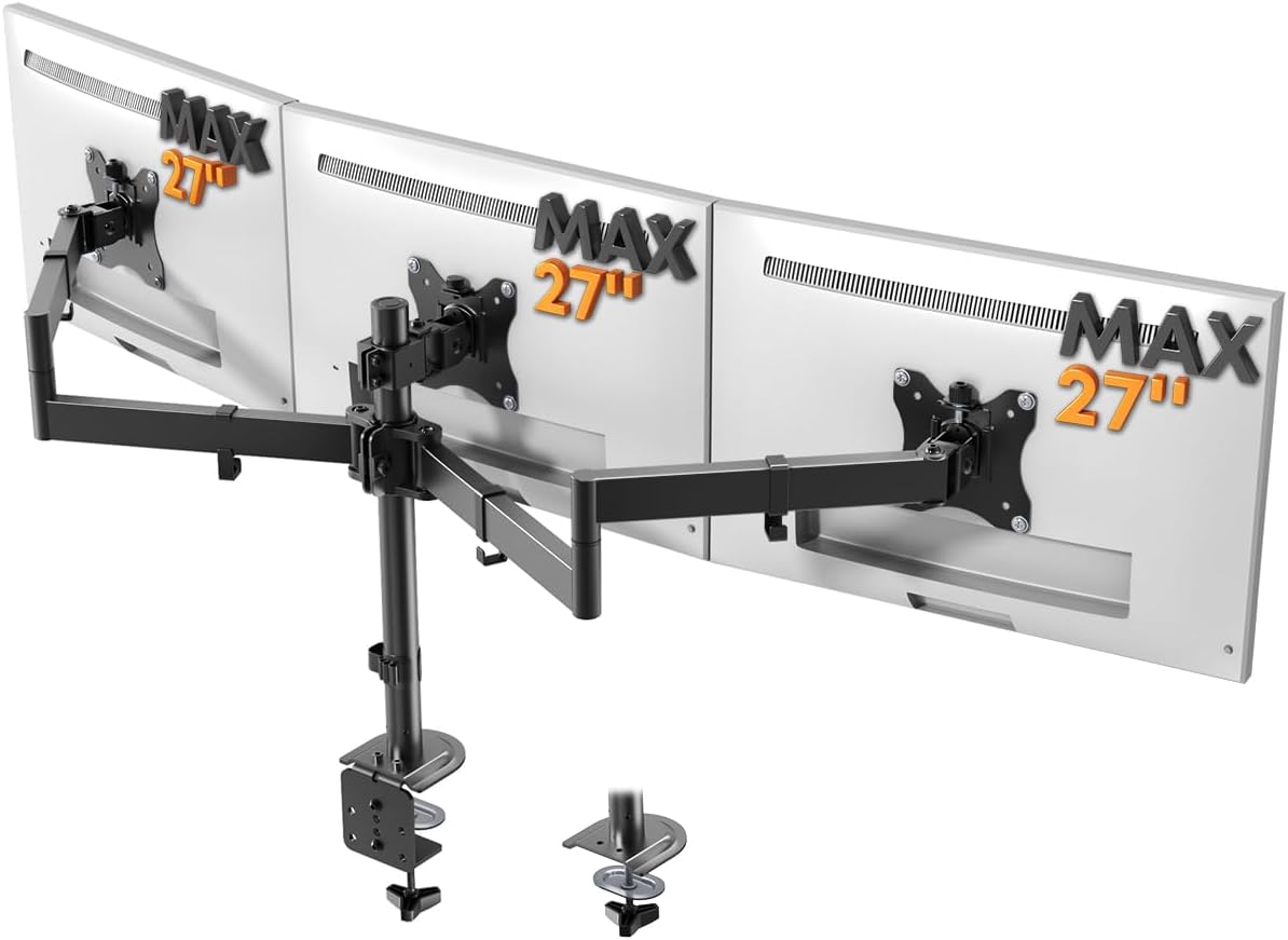 Triple Monitor Desk Mount for 13-27 Inch Screens, VESA 75/100