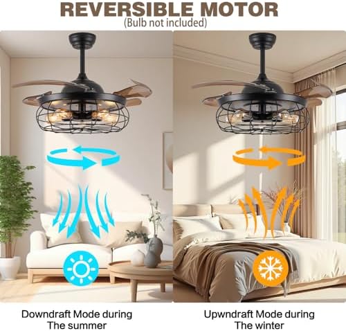 dumaiway 36" retractable ceiling fan, industrial retro caged showing dimensions