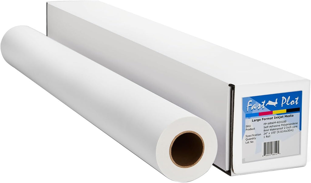 FastPlot Self Adhesive Polypropylene Banner 8 mil Waterproof - 24 Inches x100 Feet / 2 Inches Core