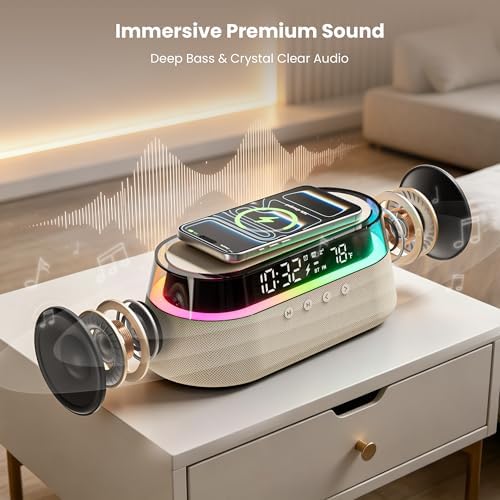 6-in-1 fast wireless charger, bluetooth speaker alarm clock shown in use