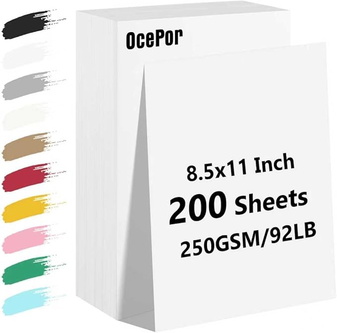 OcePor 200 Sheets White Cardstock Paper, Colored Printer Paper 8.5 x 11 by OcePor