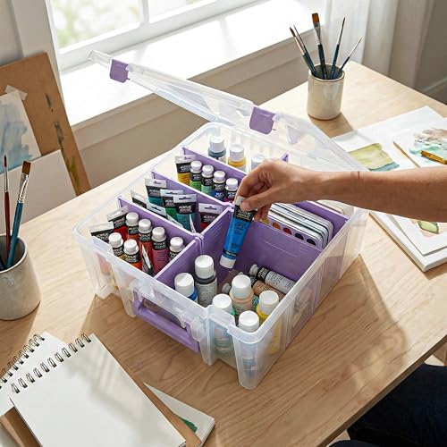 artbin super satchel double deep, 8-compartment craft box on a desk or shelf