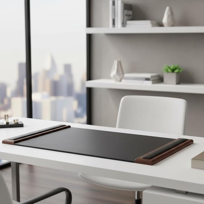 Walnut & Black Leather 34" x 20" Side-Rail Desk Pad - Image 3