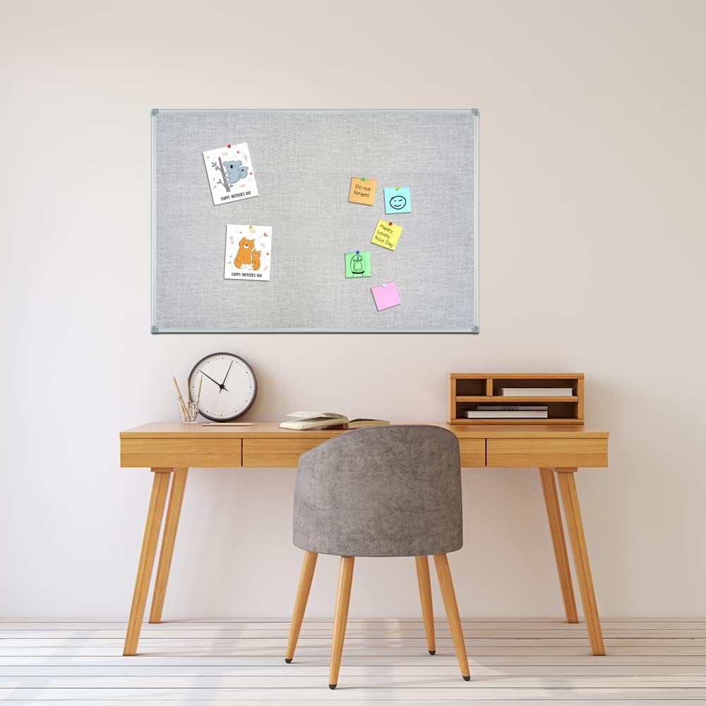 Lockways 36" x 24" Cork Bulletin Board, Grey Frame Linen Fabric Pin...