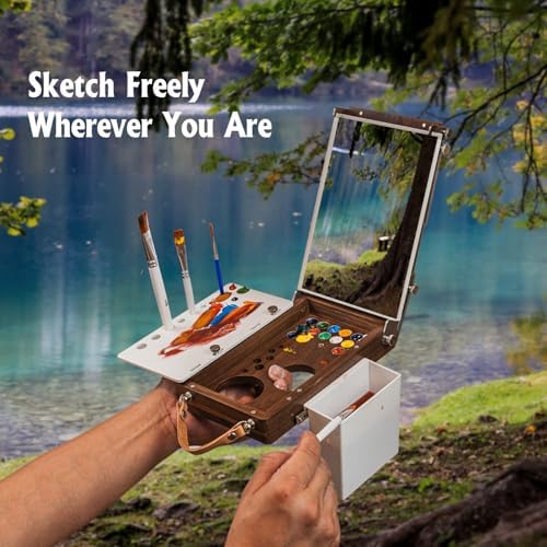 acode wood travel watercolor palette, plein air easel showing dimensions