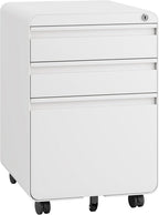 Dripex 3 Drawer Metal Rolling File Cabinet Under Desk Filing Cabinet White | 16"W x 18"D x 24"H, Lockable, 5 Wheels, Fully Assembled, Letter/Legal Size, Suitable for Home Office