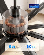 72" aluminum outdoor ceiling fan with light, industrial-grade showing dimensions
