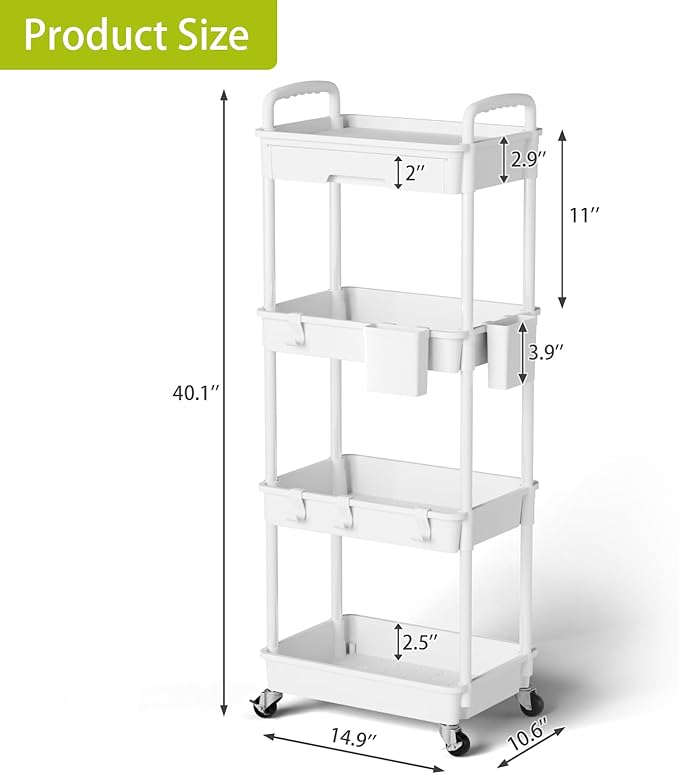Sorgion 4 Tier Rolling Cart Organizer, Art Craft Diaper Bedside Snack Laundry - Image 3