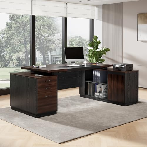 Epecoya 78-Inch Executive L Shape Desk with Storage, Dark Brown Black