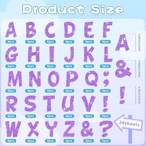 Large Letter Stickers Glitter,264 Pcs Bulletin Board Letter 2.5Inch(Purple) | 24 Sheets,Alphabet Stickers,Vinyl,Self Adhesive, Letters for Poster Board,Display,Mailbox,Crafts,Office,Home,Classroom Decor