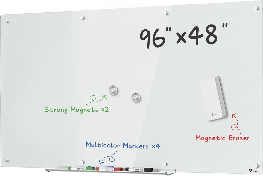 TOWON 8 x 4ft Whiteboard Huge, Glass Dry Erase Board Magnetic, 96 x 48 in