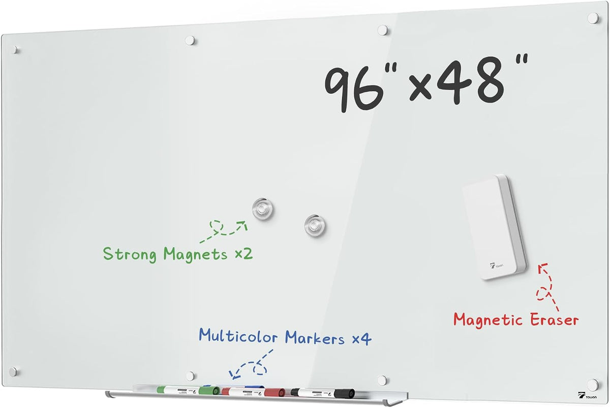 TOWON 8 x 4ft Whiteboard Huge, Glass Dry Erase Board Magnetic, 96 x 48 in