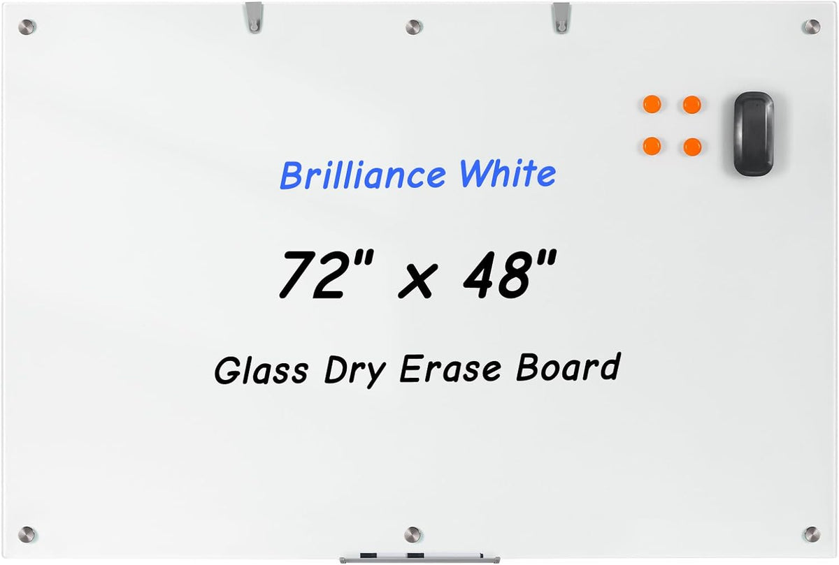 Wingwise Large Glass Dry Erase Board, 72 x 48 in Brilliance White Board