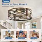 passky 20" caged ceiling fans with lights and showing dimensions