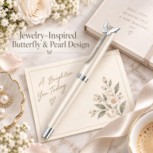 Butterfly & Pearl Rollerball Pen Gift Set for Women，Pearl White